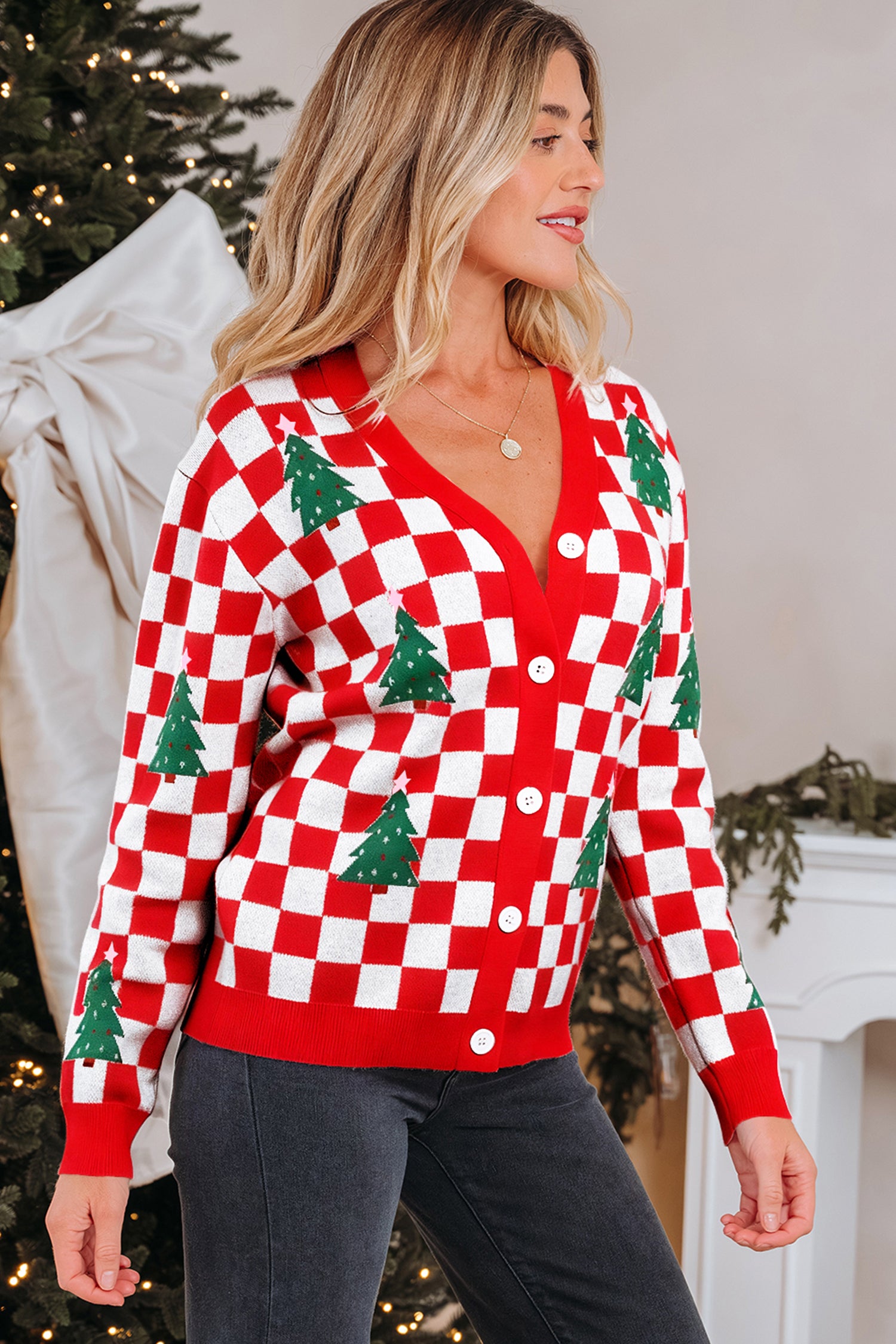 Pink Checkered Christmas Tree V Neck Cardigan Sweater
