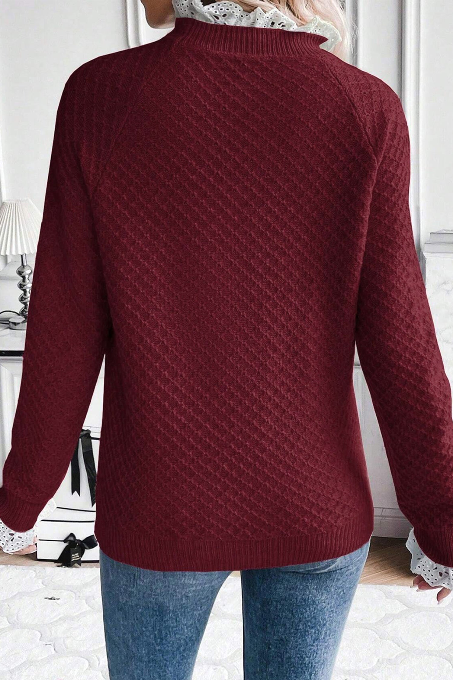 Burgundy Lace Frilled Trim Raglan Sleeve Sweater