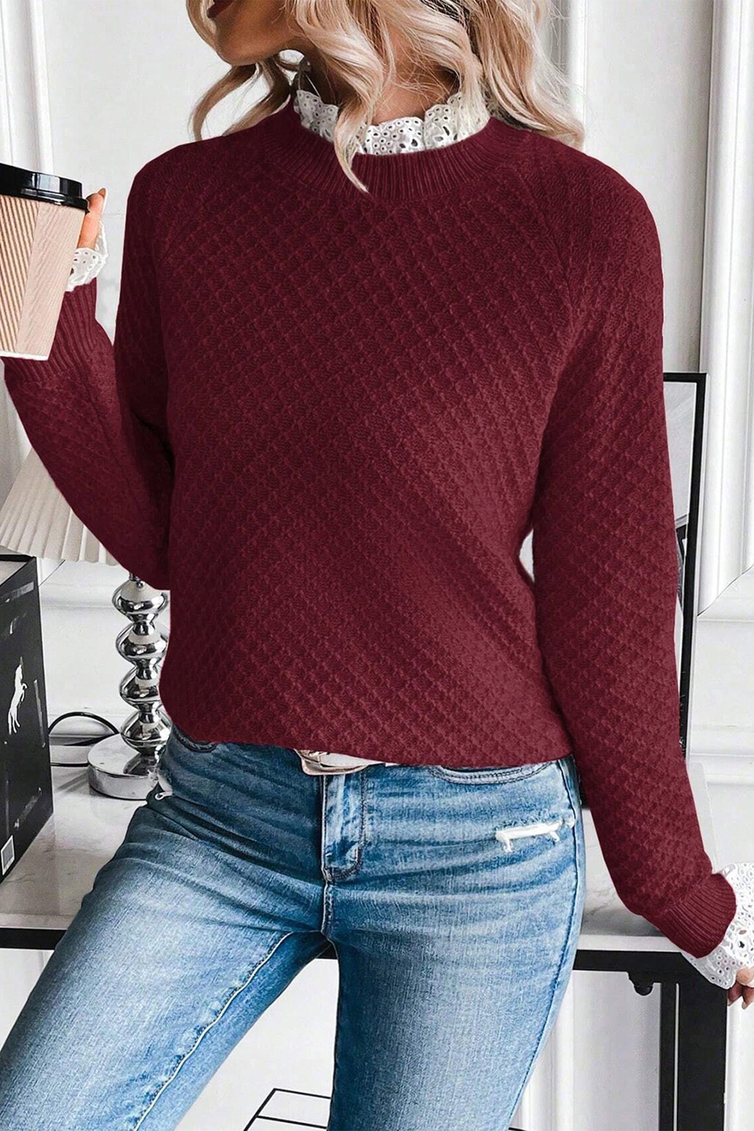 Burgundy Lace Frilled Trim Raglan Sleeve Sweater
