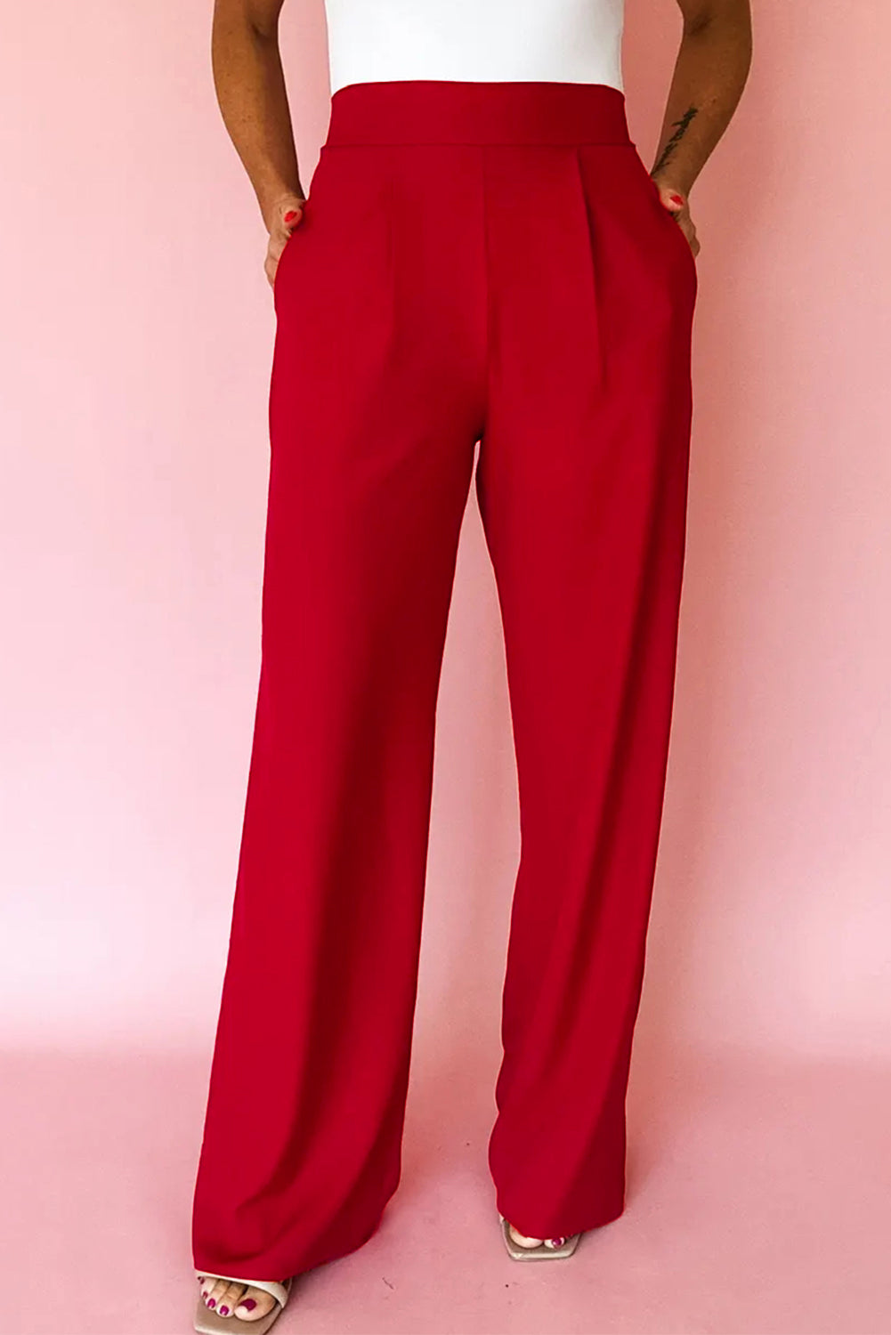 Fiery Red Pleated High Elastic Waist Loose Straight Pants