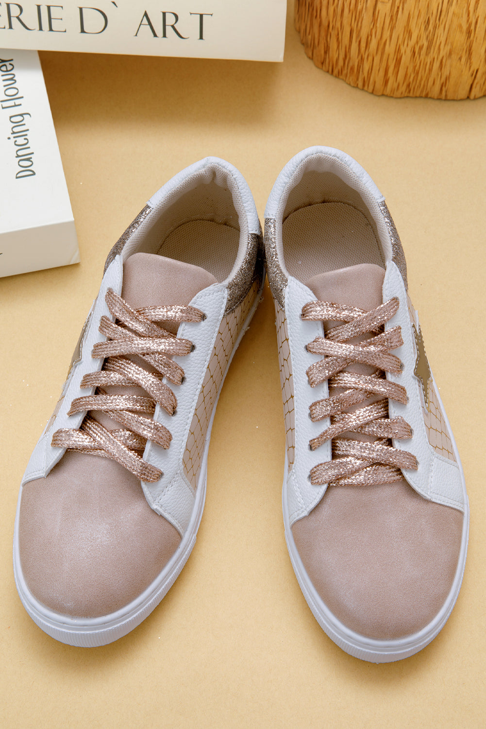 Gold Glitter Star Patchwork Leather Lace-up Sneakers