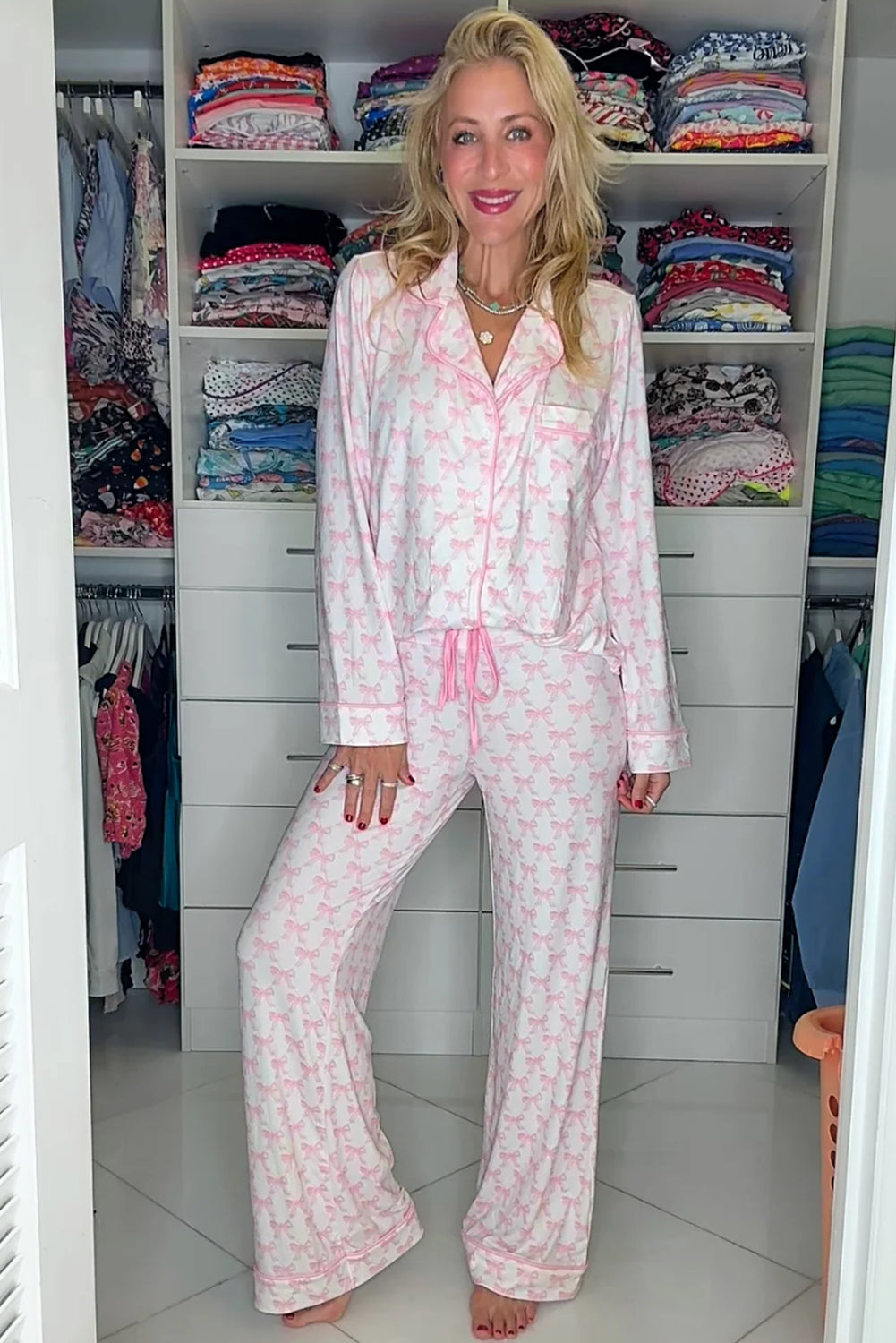Sky Blue Bow Print Long Sleeve Pajama Set