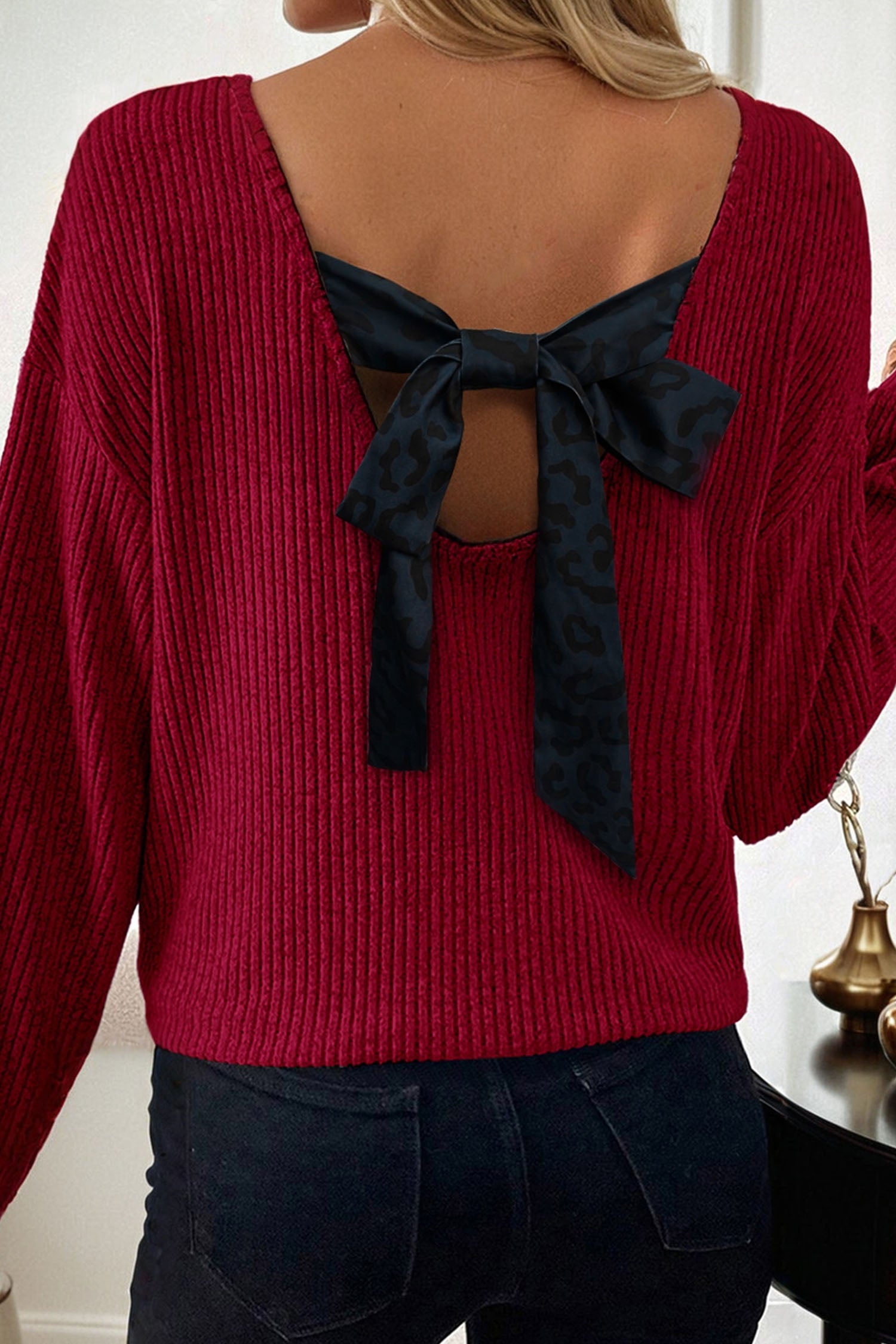 Racing Red Ribbed V Neck Bow Back Top