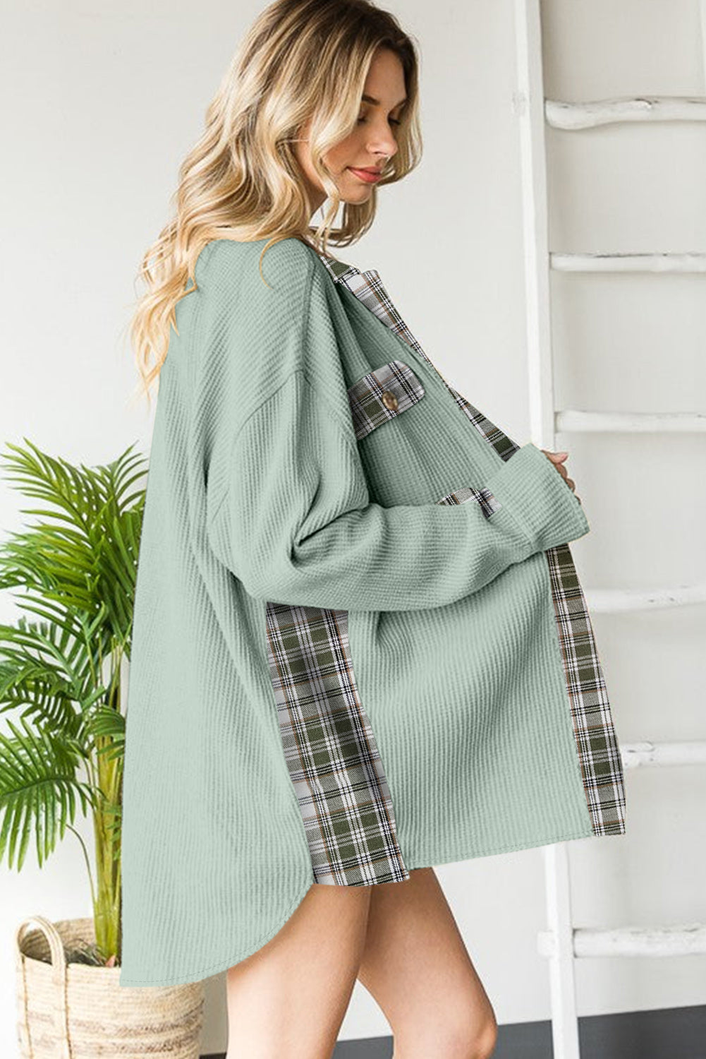 Grass Green Plaid Patchwork Knit Cardigan