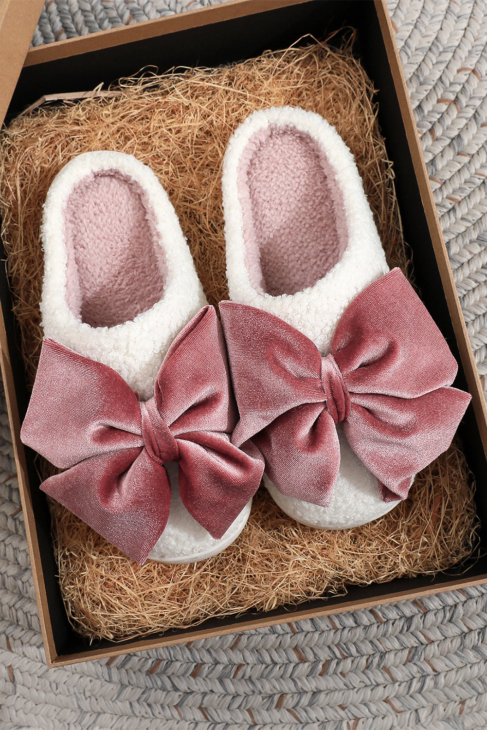 White Glister Ribbon Bow Plush Slippers