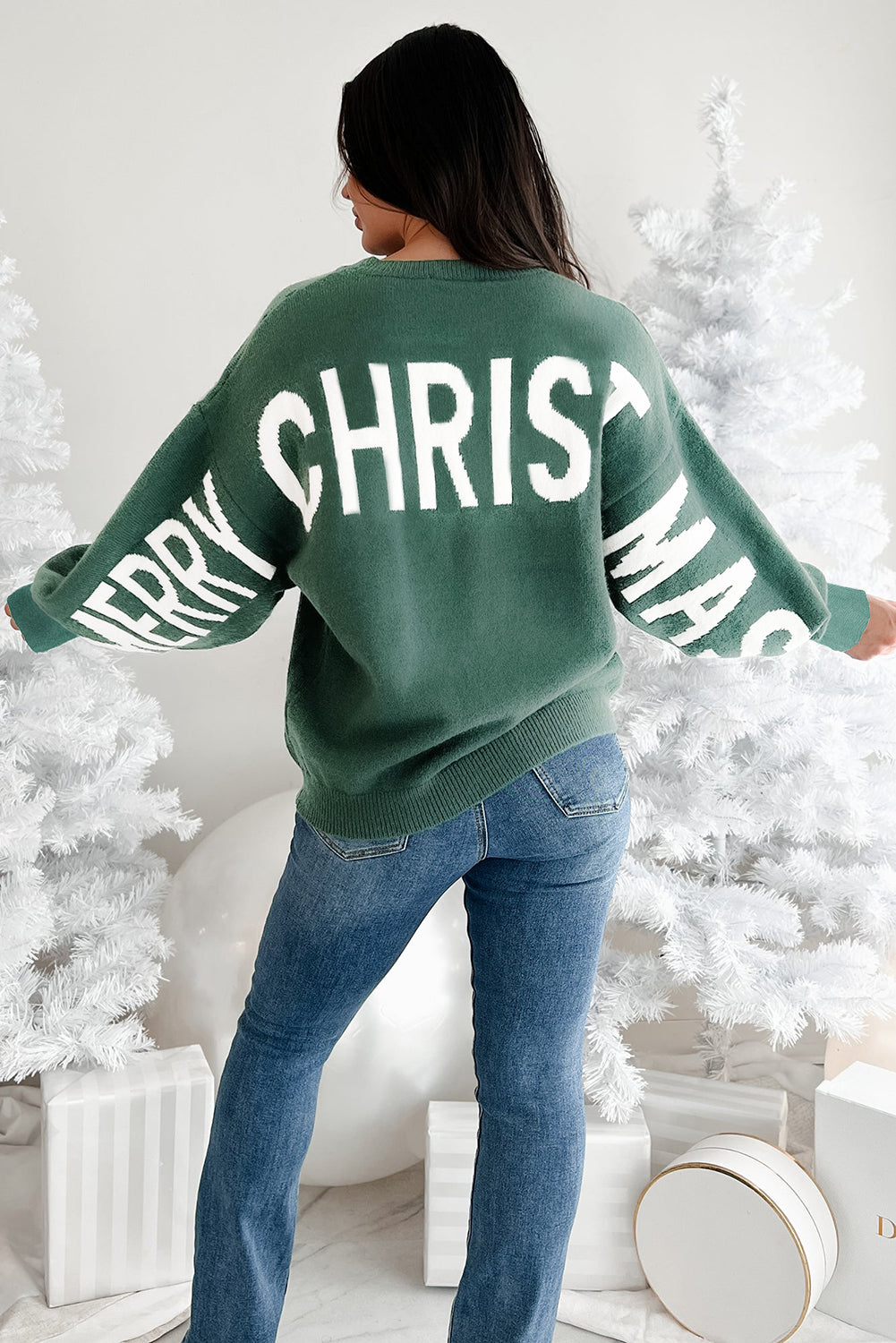 HO HO HO MERRY CHRISTMAS Drop Shoulder Loose Sweater