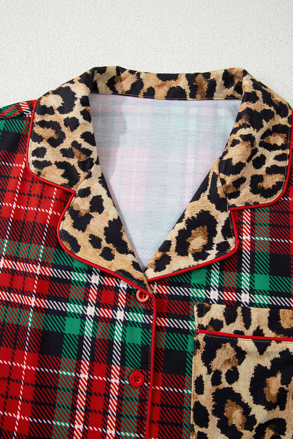 Racing Red Retro Plaid Leopard Print  Long Sleeve Shorts Pajama Set