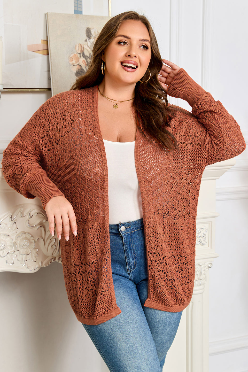 Redwood Burl Mixed Pattern Knitted Open Front Plus Cardigan
