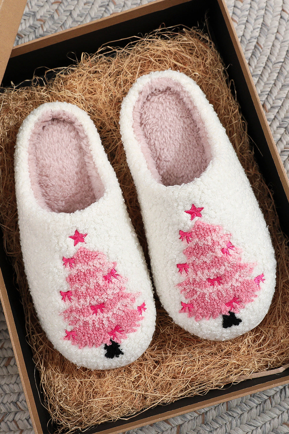 White Plush Christmas Tree House Slippers