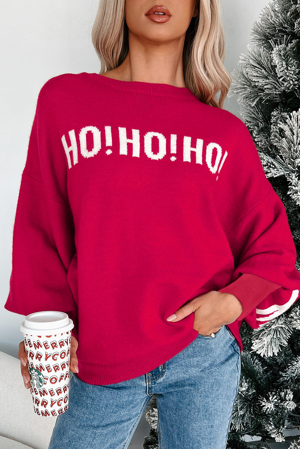 HO HO HO MERRY CHRISTMAS Drop Shoulder Loose Sweater