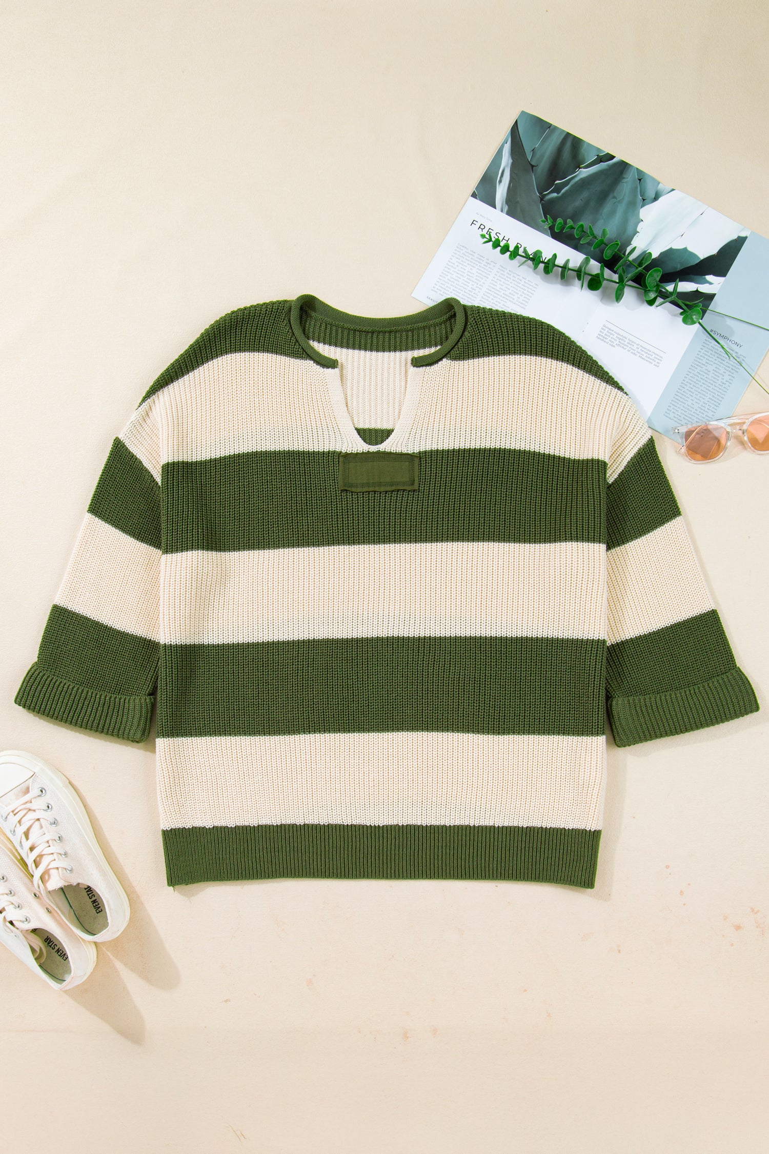Green Stripe Colorblock Plus Size Sweater