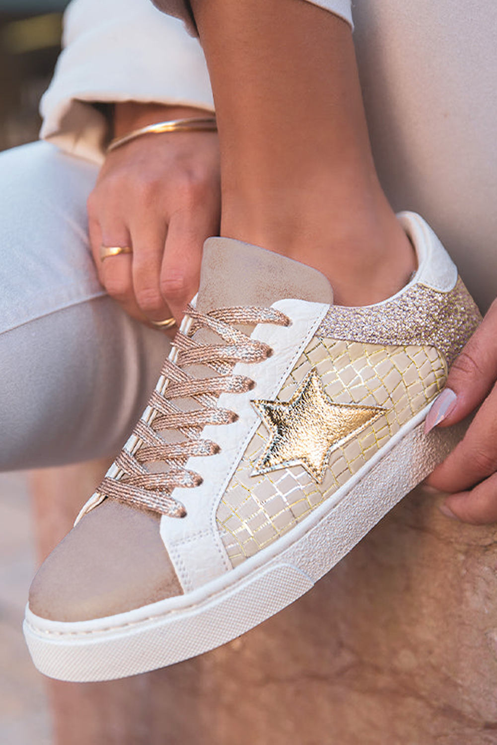 Gold Glitter Star Patchwork Leather Lace-up Sneakers