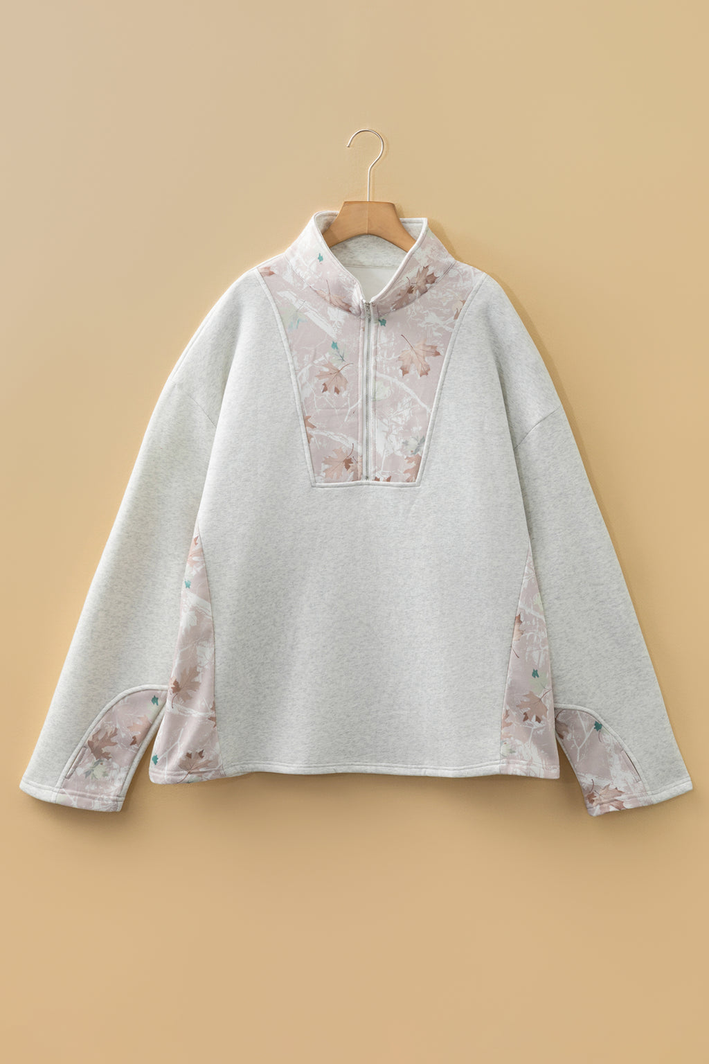 Gray Camo Leaves Patchwork Zipped Collar Pullover