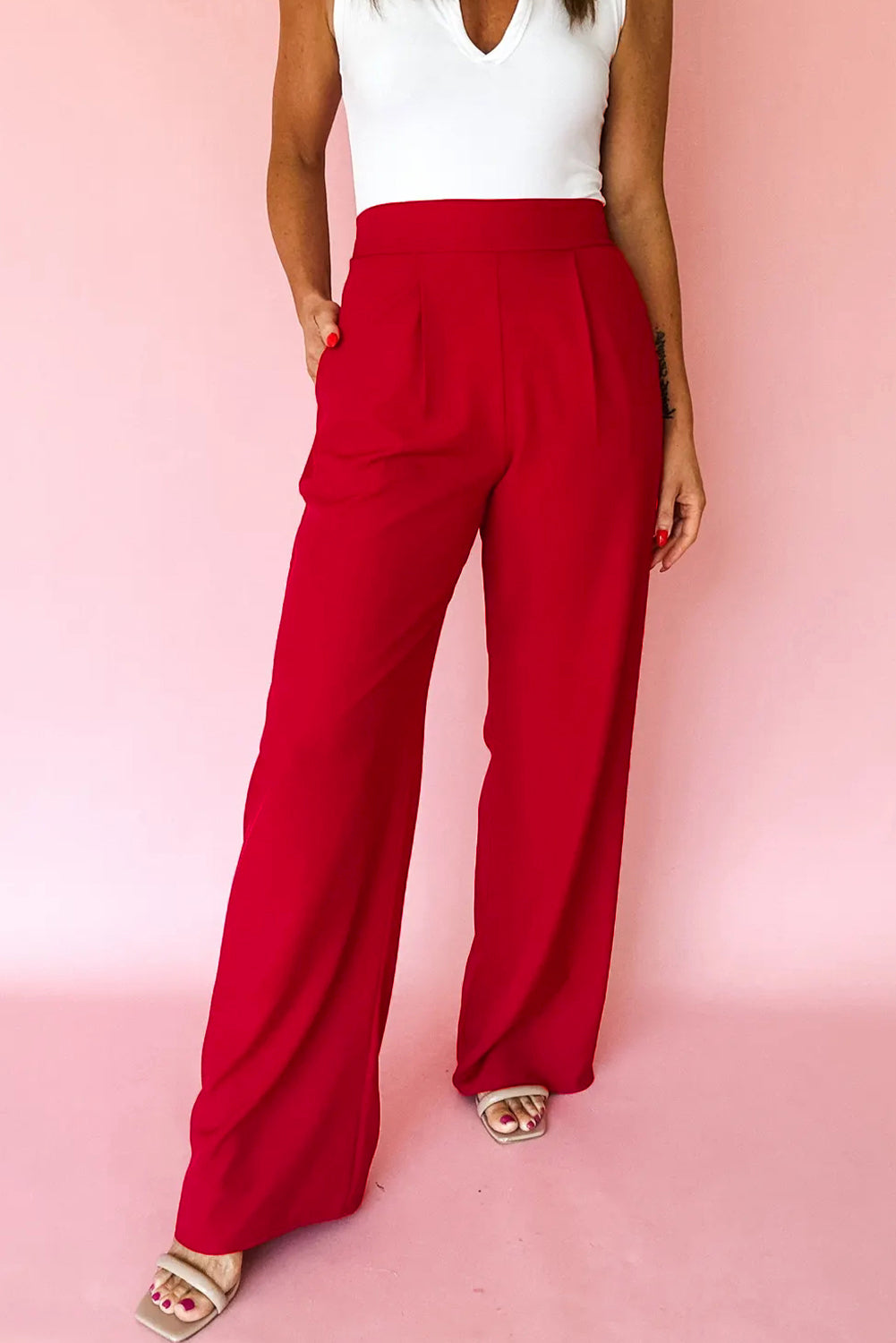 Fiery Red Pleated High Elastic Waist Loose Straight Pants