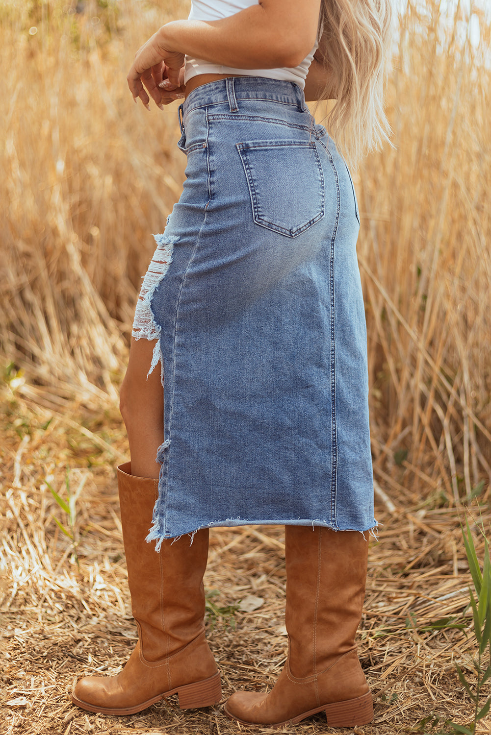 Distressed Bottom Denim Midi Skirt